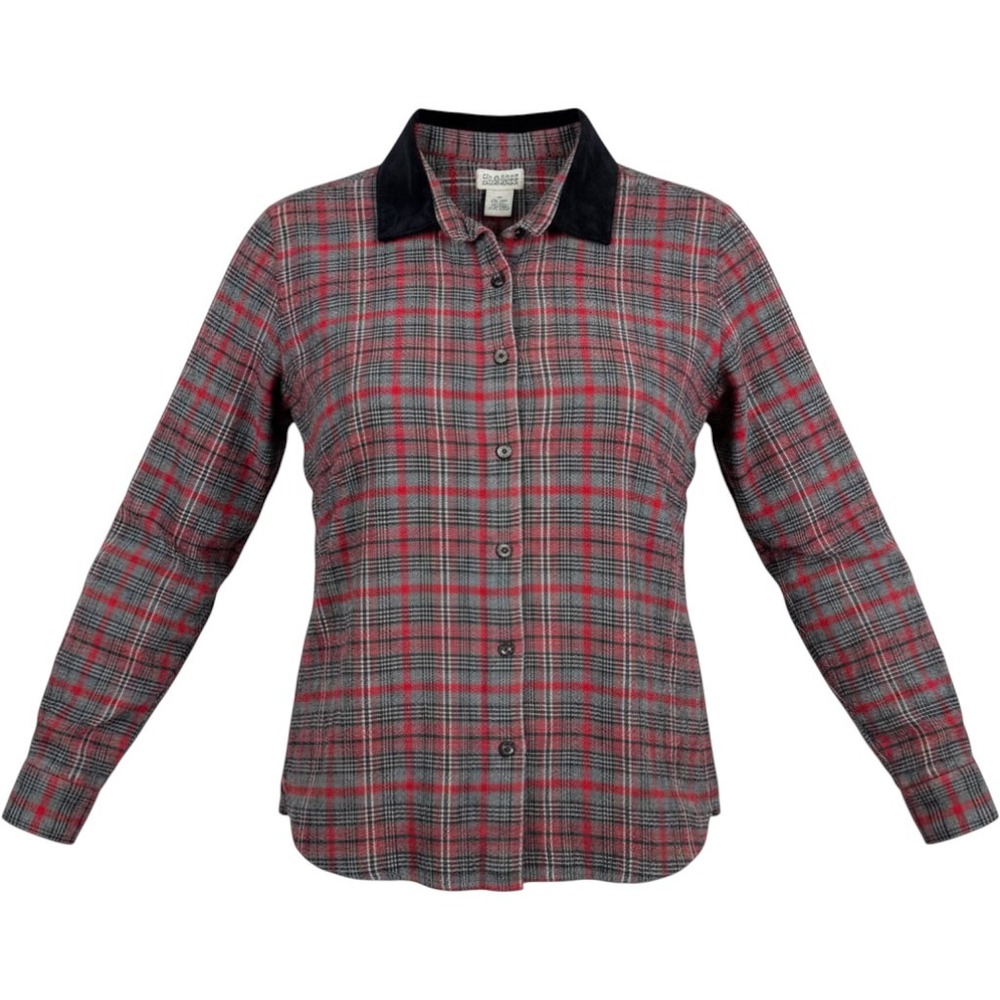 VTG Classic Elements Womens Flannel Plaid Button Down Shirt Grey Red Corduroy M